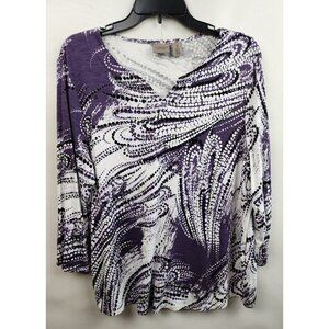 Easywear By Chicos Purple White Abstract Jersey 3/4 Sleeve Top Sz Large